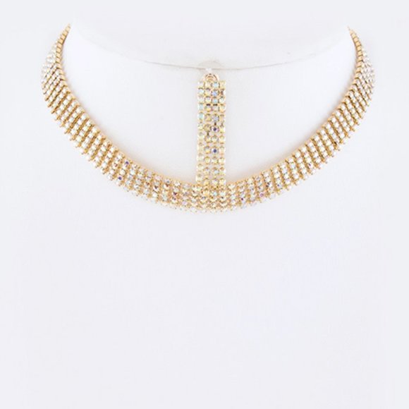 5 Row Color Crystal Rhinestone Choker Set - Gold/AB - Picture 1 of 2